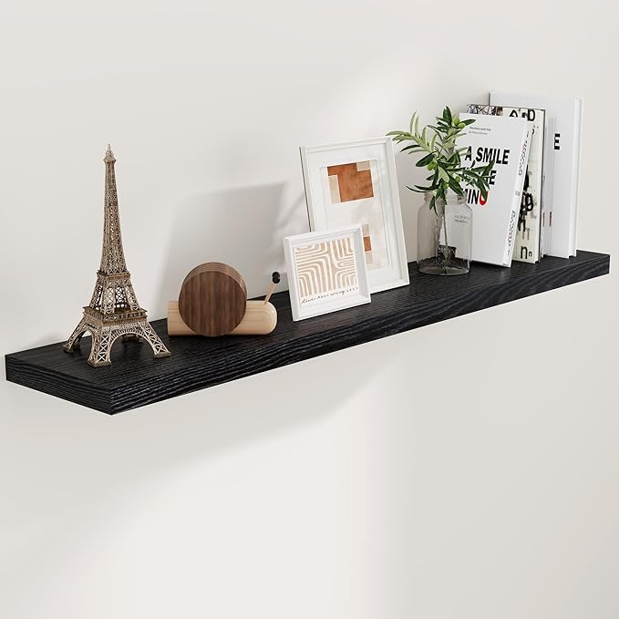55 Inch Floating Shelves Black, Rustic Wood Floating Shelf Wall Mounted, 9 Inch Deep Floating Shelf for Kitchen, Bedroom, 55 x 9 Wall Shelves for Home Storage, Set of 1