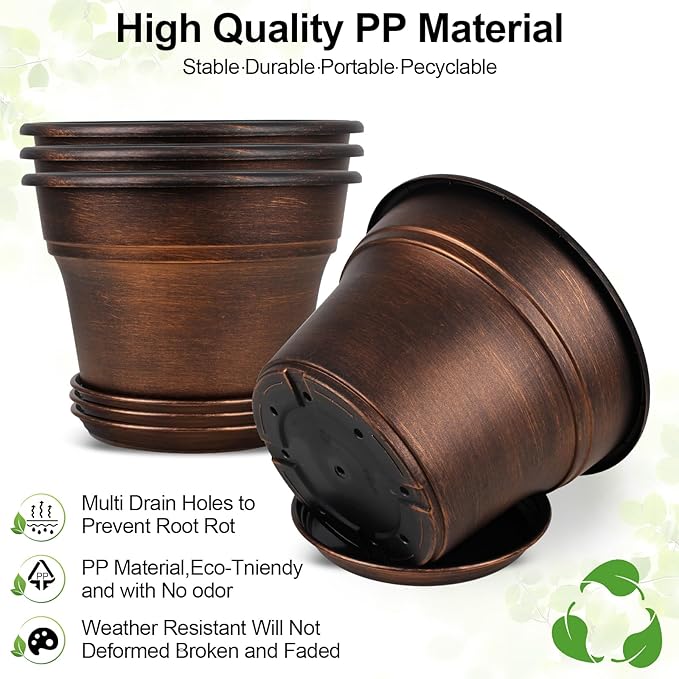 Plant Planters Pots Set of 4 Pack 16 Inch,Large Plastic Flower Pot for Indoor Plants with Drainage Holes & Trays, Resin Decorative Container Sets with Saucer for House Outdoor Garden Plant Copper