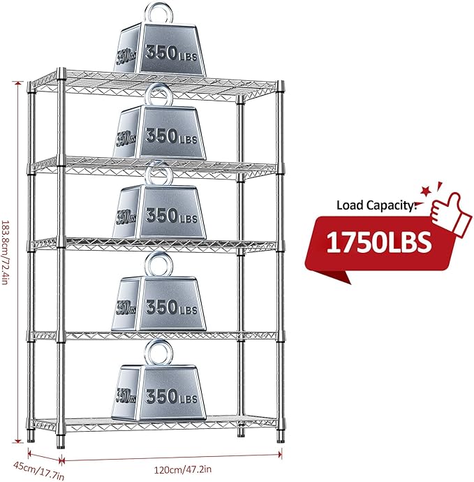 IZEUK 5-Tier Heavy Duty Metal Storage Shelving Unit (Chrome, 17.7" D x 47.2" W x 72.3" H, 1750 lbs Capacity), Adjustable Steel Wire Rack Shelf Organizer for Garage, Kitchen, Pantry, Basement, Laundry