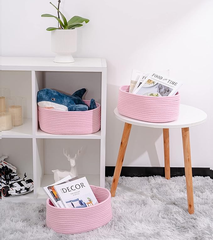 Cute Baskets for Shelf Storage Small Woven Basket to Store and Organize Daily Items/Durable Rope Basket for Living Room, Bedroom,Playroom/Oval-13x8.66x5.11’’,Stylish 3 Packs Pink