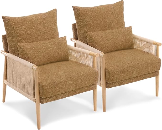 VINGLI Boho Braid Accent Armchairs Set of 2,Mid-Century Modern Chiars with Solid Wooden Armrest,Comfy Louge Cushion Chairs with Waist Pillow for Bedroom,Living Room,Reading Room, Khaki