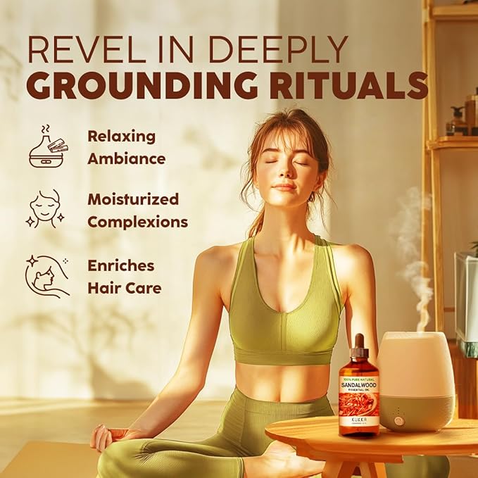 Kukka Sandalwood Essential Oil for Diffuser & Skin - 4 Fl Oz - 100% Pure Natural Sandalwood Oil, Woody Scent, for Massage, Perfume, Hair, Aromatherapy, Candle & Soap Making Scent DIY
