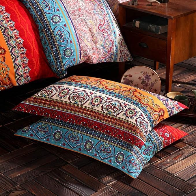 ABREEZE 3Pcs Bohemia Retro Bedding Ethnic Vintage Floral Duvet Cover Boho Bedding 100% Brushed Cotton Bedding Sets Damask Paisley Coloful Mandala Down Comforter Cover,Cal.King