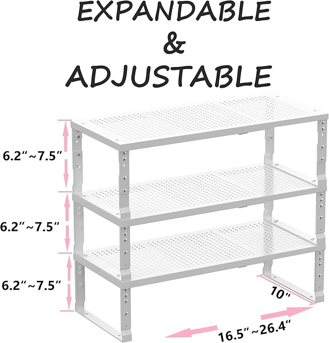 Metal Stackable Expandable Storage Shelf - Multi-Functional Home Storage Shelf, Suitable for Kitchen, Cabinet,Bathroom, Office, Garage, etc.(3PACKS/White/Large