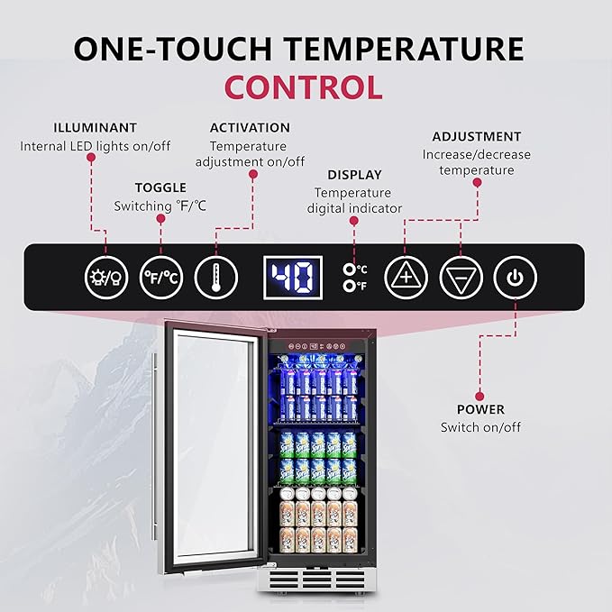 15'' Beverage Refrigerator Cooler - 126 Cans Under Counter Beverage Fridge with LED Light, Built-in Design, Wine Cooler for Home/Kitchen