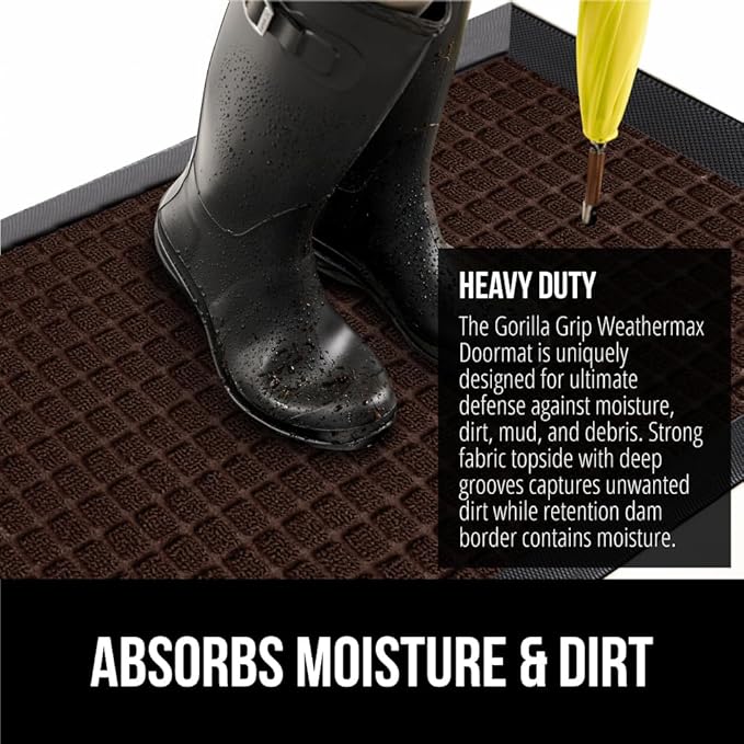 GORILLA GRIP 100% Waterproof All-Season WeatherMax Doormat US Designed Natural Rubber, Stain and Fade Resistant, Low Profile Indoor Outdoor Door Mats, Easy Clean Patio Mat, 17x29, Coffee Square