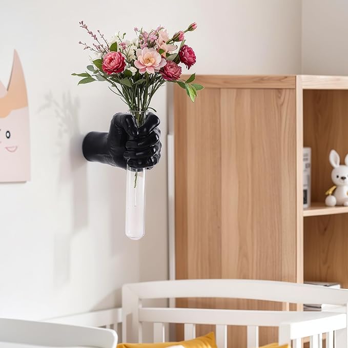 Black Wall Sculptures, Hand Vases Home Decor, Wall Mount Art Sculpture, Unique Wall Art Statue, Funky Flower Vase Decorations, Modern Eclectic Hanging Decor,Glass Test Tube Vase