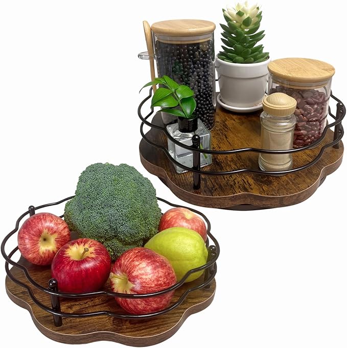 2 Pack, 11" & 12" Wooden Lazy Susan Turntable with Higher Metal Sides, 360ยฐ Rotating Lazy Susan Organization and Storage for Cabinet, Table Top, Kitchen, Countertop, Dining Table, Pantry, Coffee Bar