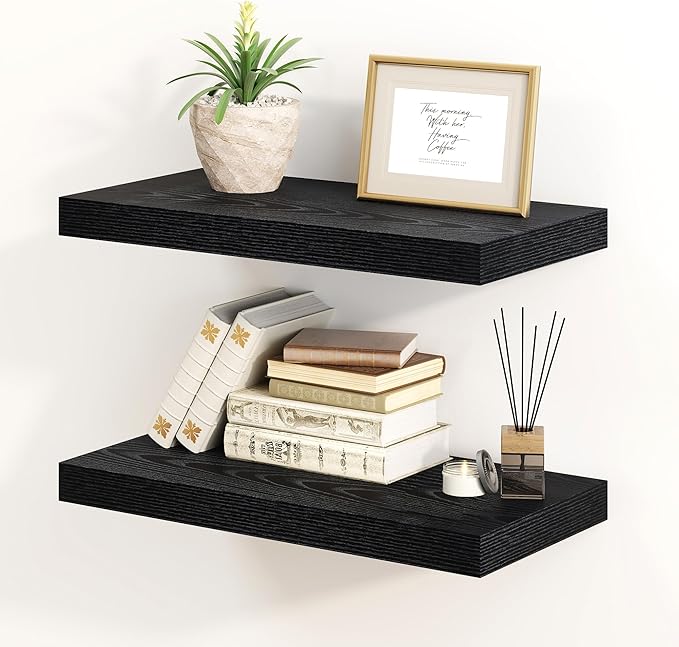 Fun Memories Black Floating Shelves 16 Inch Long, 8 Deep Floating Shelf Wall Mounted, 16 x 8 Inch Wooden Bathroom Shelves, Deep Storage Shelves for Living Room, Kitchen, Set of 2