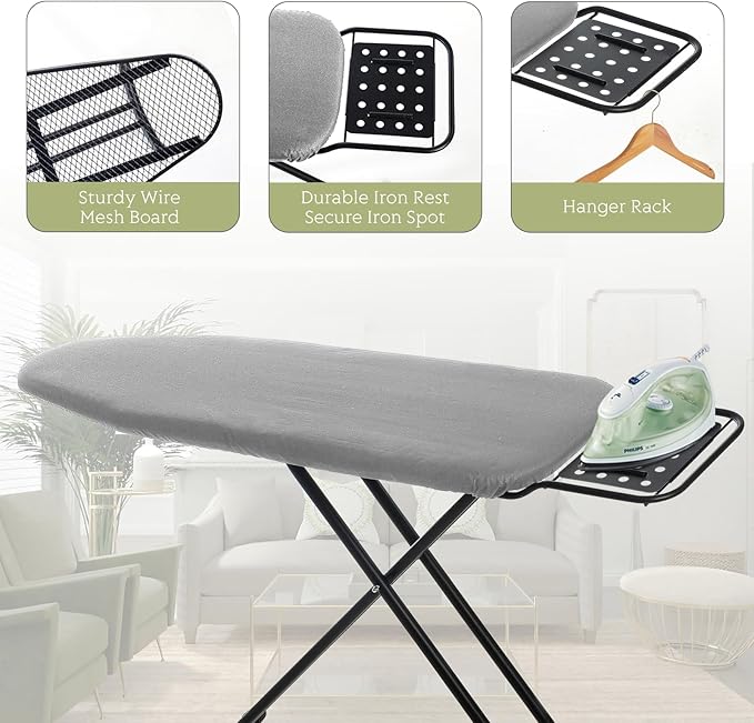 Ironing Board Full Size, RAINHOL 43"x13" Heavy Duty Compact Ironing Board with Iron Rest, Height Adjustable Sturdy Iron Stand, Grey Cover with Extra Thick Padding