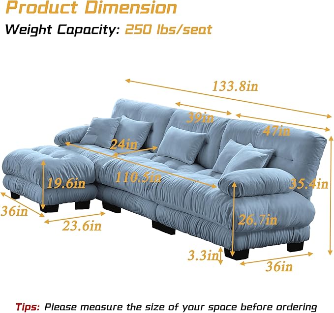 Modular Sectional Sofa, Comfy Cloud Couch 3 Seater Couch with Ottoman, Sectional Couches for Living Room, Modern Chenille L Shaped Couches, Sleeper Deep Seat Sofa with Throw Pillows, Blue
