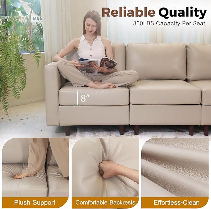 Oversized 145.5" Faux Leather Modular Sectional Sofa, Modern Large 12 Seater U Shaped Couch with Storage Seat with Reversible Chaise Deep Seat for Living Room DIY Combination - Whitesand