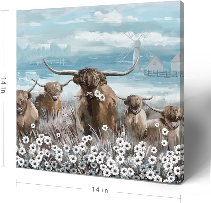 Canvas Wall Art Bathroom Coastal Boho Farmhouse Highland Cow Flower Picture Floral Artwork Rustic Country Landscape Longhorn Animal Painting for Living Room Bedroom Kitchen Décor Blue Brown Small