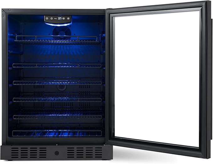 Newair 24" Beverage Refrigerator 177 Can Capacity, Black Stainless Steel Mini Fridge with Built-in Cooler and Glass Door, Cool your Soda, Beer, and Beverages to 37F