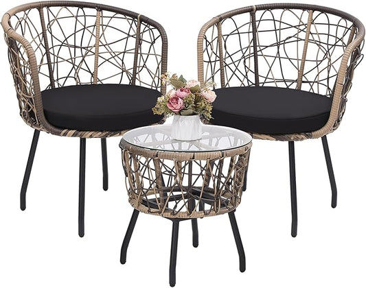 Kromax 3 Piece Bistro Set, Modern Outdoor Wicker Patio Furniture with Tempered Glass Table Top and 2 Chairs, Washable Cushions, Natural Rattan and Black Cushion