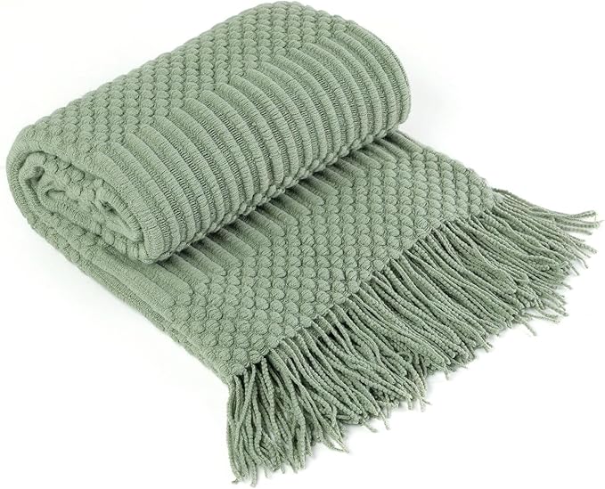 Blagic Knitted Throw Blanket for Couch, Bed and Sofa. Super Soft Blanket with Tassels, Sage Green Throw Blanket, 60 x 80 Inches Lightweight & Cosy Home Decor