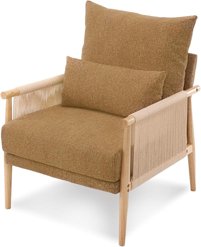 VINGLI Boho Braid Accent Armchair,Mid-Century Modern Chiar with Solid Wooden Armrest,Comfy Louge Cushion Chair with Waist Pillow for Bedroom,Living Room,Reading Room, Khaki