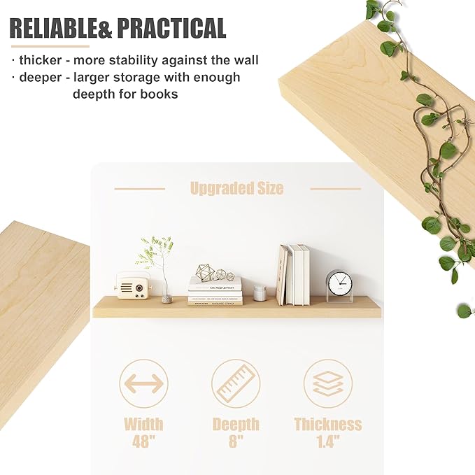 Floating Shelves for Wall, USA-Sourced Maple Wood 48 Inch Long Wall Shelves, Natural Wooden Mounted Picture Ledge Shelf, Nursery Book Storage Shelf Kids Bookshelf, Display Shelf for Bathroom
