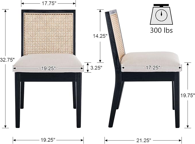 VESCASA Upholstered Dining Chairs with Square Rattan Back, Armless Padded Linen Cushion Dining Chairs with Wood Legs for Dining Room, Kitchen, Set of 6, Black Frame