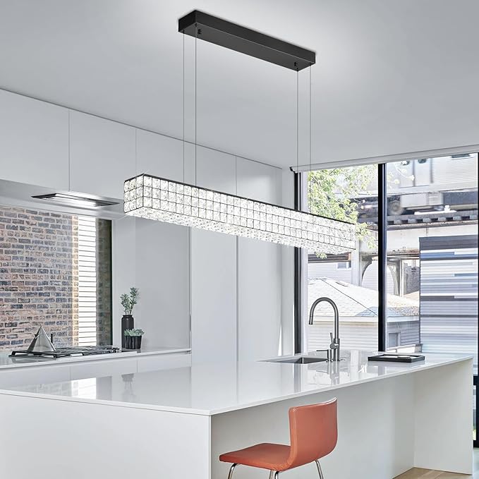 Rectangle Crystal Chandelier Modern Crystal Chandelier Black Rectangular Pendant Lighting Fixture for Dining Room Kitchen Island Bedroom (L 40")