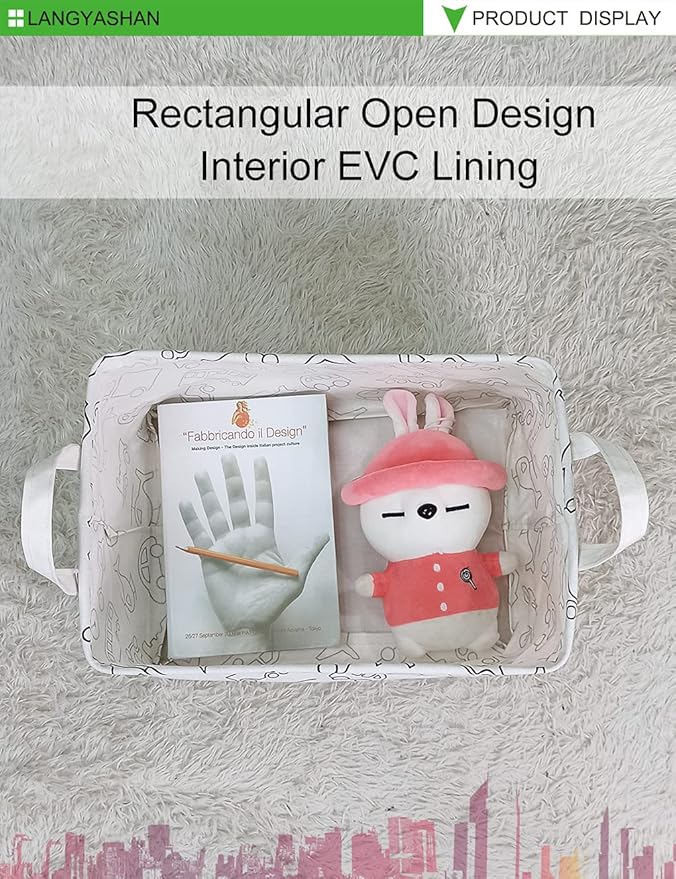 LANGYASHAN Rectangular Storage Bin Collapse Canvas Fabric Cartoon Storage Basket with Handles for Organizing Home Kitchen Boys and Girls Toys Office Closet Shelf Baskets (Rec Vehicle)