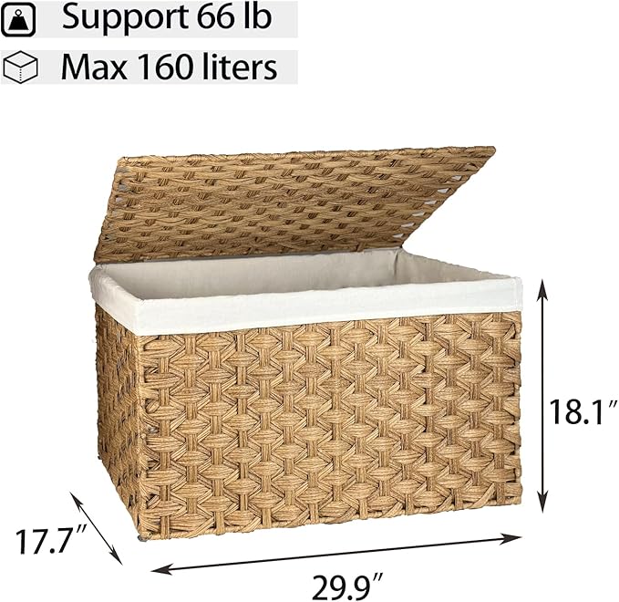 Wicker Storage Basket with Lid, 42.3 Gallon (160L) Large Blanket Basket with Lid, Woven Storage Bin with Handles, Removable Liner, Metal Frame, Foldable, for Bedroom, Laundry Room, Natural