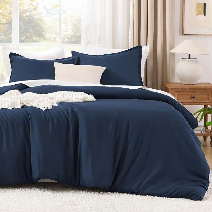Litanika Navy Blue Comforter Full Size Set, 3 Pieces Lightweight Solid Bedding Comforter Set, All Season Fluffy Bed Set