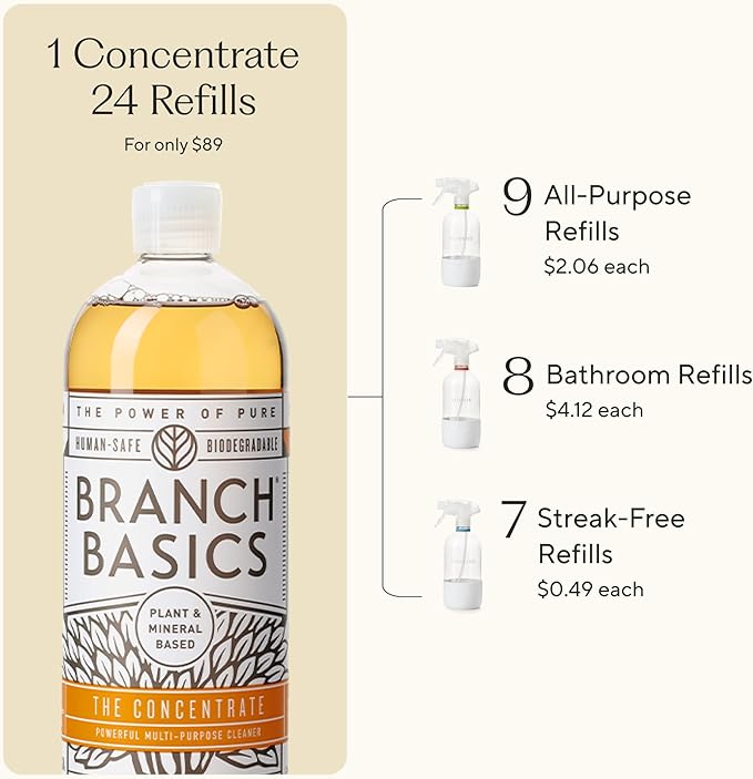Branch Basics Cleaning Essentials Kit in Glass: All Purpose Cleaner and Bathroom Cleaner - Concentrate (33.8 Oz) + Glass Spray Bottles for Cleaning (16 Oz) Fragrance-Free