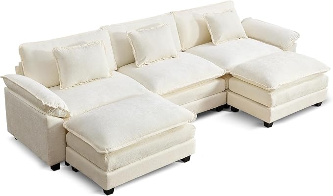 URRED Modular Sectional Sofa Comfy Cloud Couch, Modern Chenille Sofa Sleeper Deep Seat Couches with Ottoman/Pillows for Living Room (White, 117'' - U Shape)
