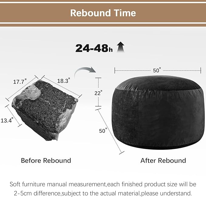 Bean Bag Chairs for Adults - Memory Foam Furniture BeanBag Chair - Kids/Teens Sofa with Soft Micro Fiber Cover - Round Fluffy Couch for Living Room Bedroom College Dorm - 5 ft, Carbon Black