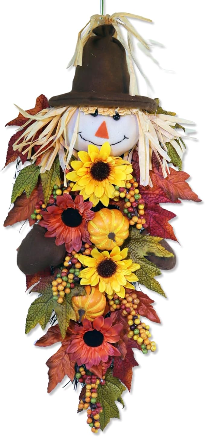 24" Rustic Fall Scarecrow Teardrop Swag β Farmhouse Sunflower & Pumpkin Wreath β Autumn Harvest Hanging Decor for Front Door, Wall, Porch, Indoor/Outdoor