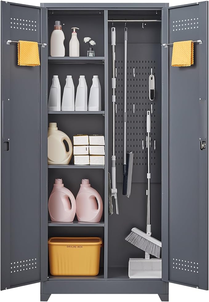 Lockable Storage Cabinet,Utility Closet with Doors and Shelves,SteelGarage Cabinet with Adjustable Shelves for Home,Garage,Gray