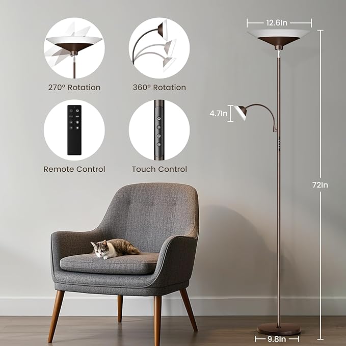 Brown Torchiere LED Floor Lamp - 72" Rotating Standing Lamp with Remote, 34W Dimmable Floor Light with Color Changing, Tall Bright Corner Lamp for Reading Living Room Bedroom Office