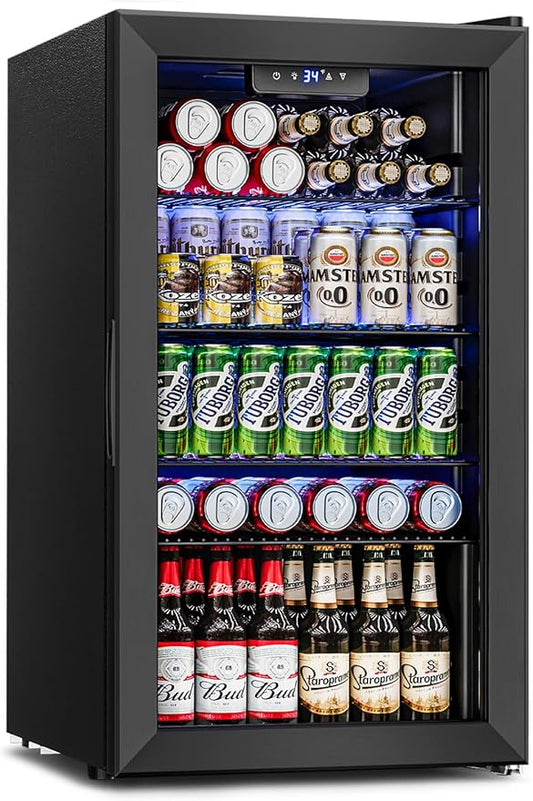Wine Cooler Refrigerator - 26 Bottle 126 Can Mini Wine Fridge with Glass Door for Beer Soda Water Drink, Small Wine Cellar Beverage Refrigerator for Bedroom Office Home Bar Dorm, 3.2 Cu.Ft