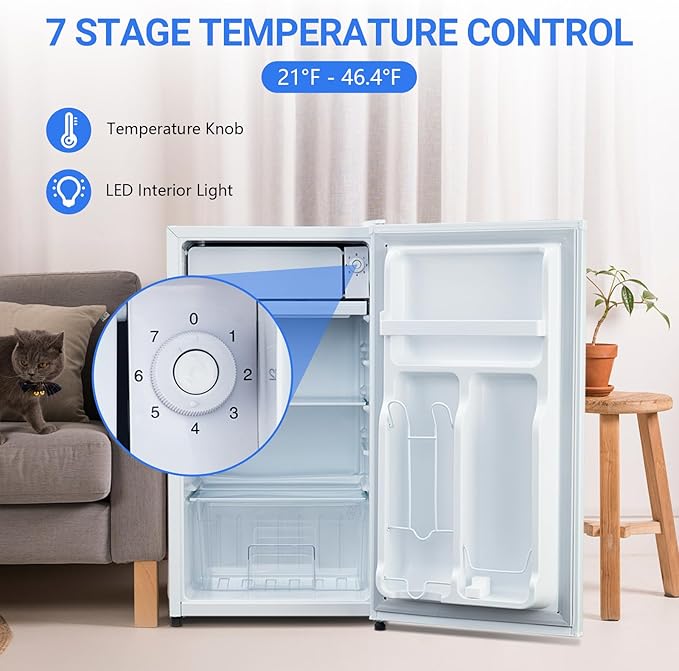 3.2 Cu.Ft Mini Fridge with Freezer, Small Refrigerator with Single Door and Adjustable Thermostat, Shelf, Energy Efficient, Compact Fridge for Bedroom, Office,white