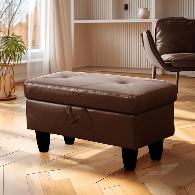Ottoman Rectangular Storage Ottoman Bench, Faux Leather Footrest, Coffee Table, Stool Footstool with Hinged Lid for Living Room, Bedroom, Entryway, Brown, 28.5"x19"x17.5"