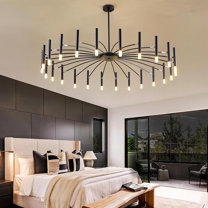 Black Modern Chandelier Large Chandelier Lighting Adjustable Ceiling Pendant Light 24-Light Pendant Light Fixtures for Living Room Dining Room