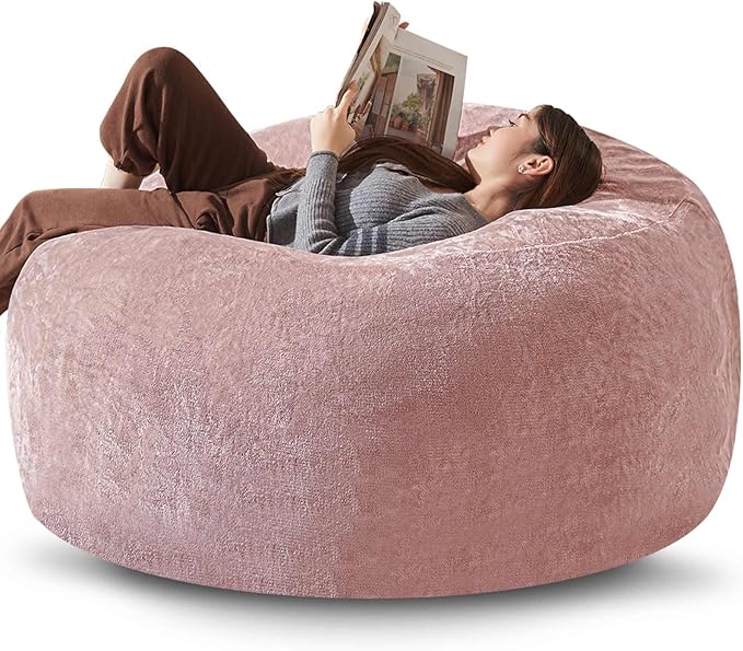 Bean Bag Chair 5Ft, Memory Foam Filled, Large Beanbag Chairs for Adults and Teens, Soft Sofa with Removable Flannel Cover, Round Couch for Living Room Bedroom College Dorm (Pink, 5FT-60×60"×24")