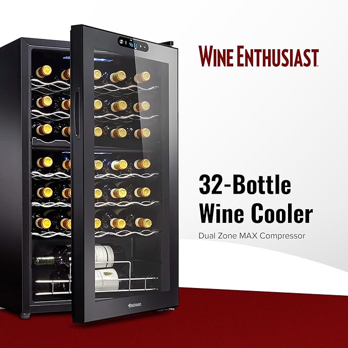 Wine Enthusiast 32-Bottle Dual Zone MAX Compressor Wine Cooler – Freestanding Mini Fridge with Digital Touchscreen, LED Display, Split Storage for Red & White Wines, Matte Black Refrigerator Home Bar