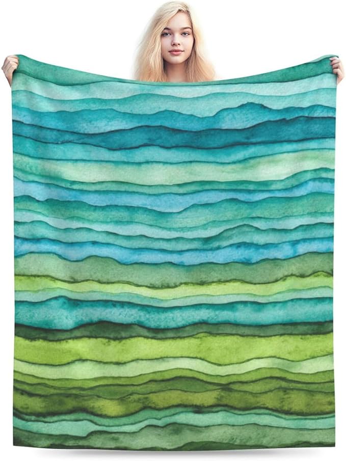 HGOD DESIGNS Watercolor Stripped Waves Blanket for Women, Lightweight Soft Fleece Flannel Throw Blanket Blue and Green Sofa Couch Living Room 50x60 Inch