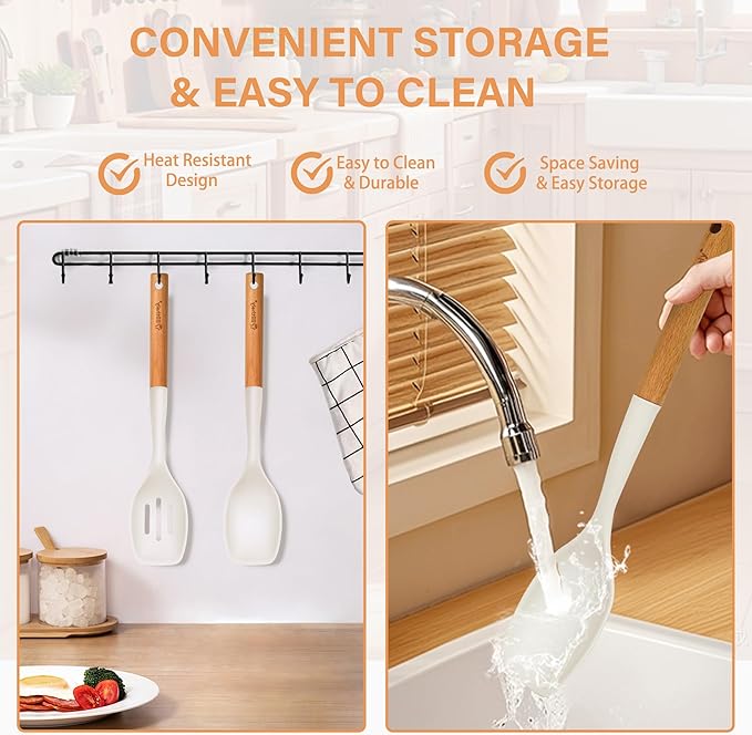Large Silicone Cooking Spoon Set, 2 Pack Solid Slotted Spoon with Wooden Handle, Nonstick Silicone Kitchen Spoons for Cooking, Heat Resistan Spatula Set for Serving, Basting, Mixing (White)