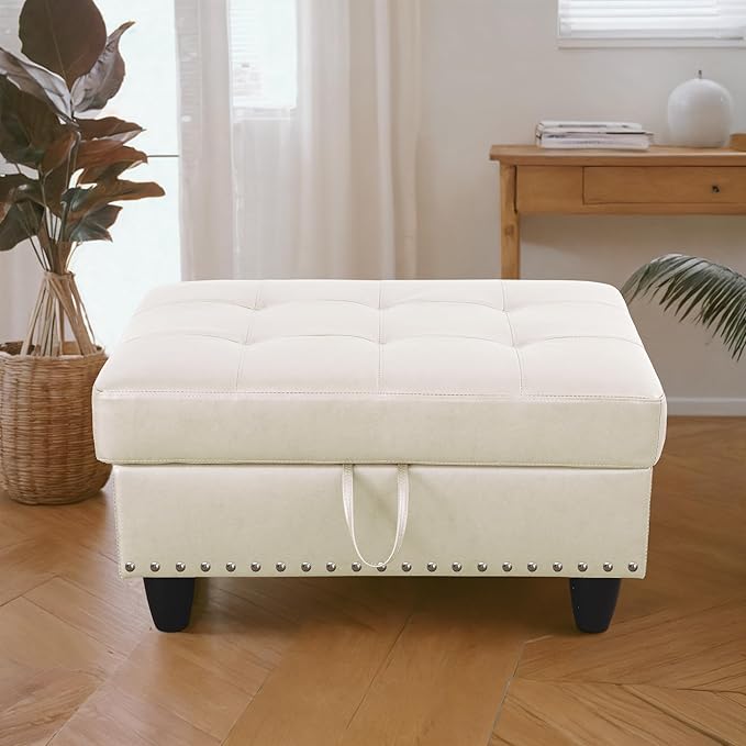 Ottoman Rectangular Storage Ottoman Bench, Faux Leather Footrest, Coffee Table, Stool Footstool with Hinged Lid for Living Room, Bedroom, Entryway, White, 28.5"x19"x17.5"