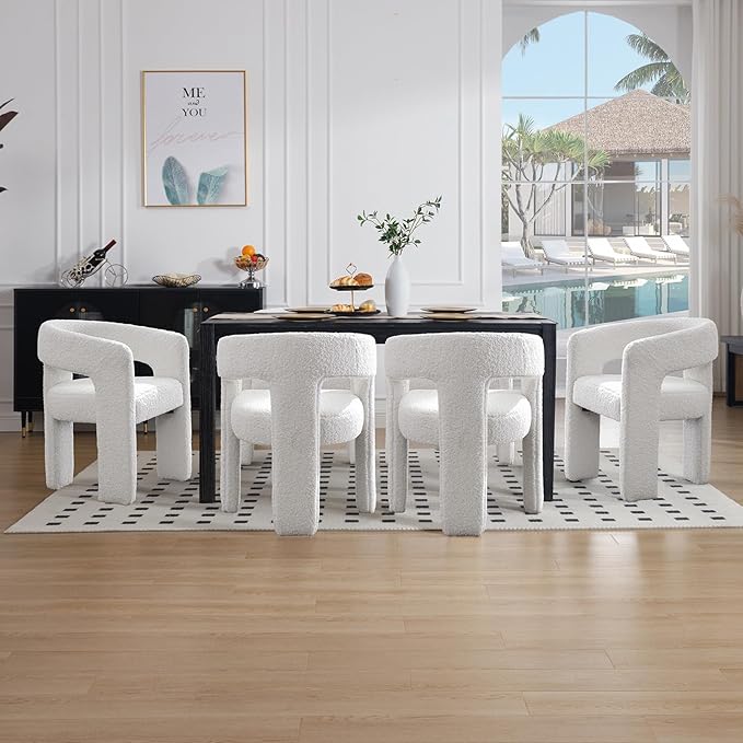 White Boucle Dining Chairs Set of 6, Modern Barrel Dining Room Chairs Upholstered Faux Fur Accent Chair with Arms and Round Back for Living Room Kitchen Armchair No Assembly Needed
