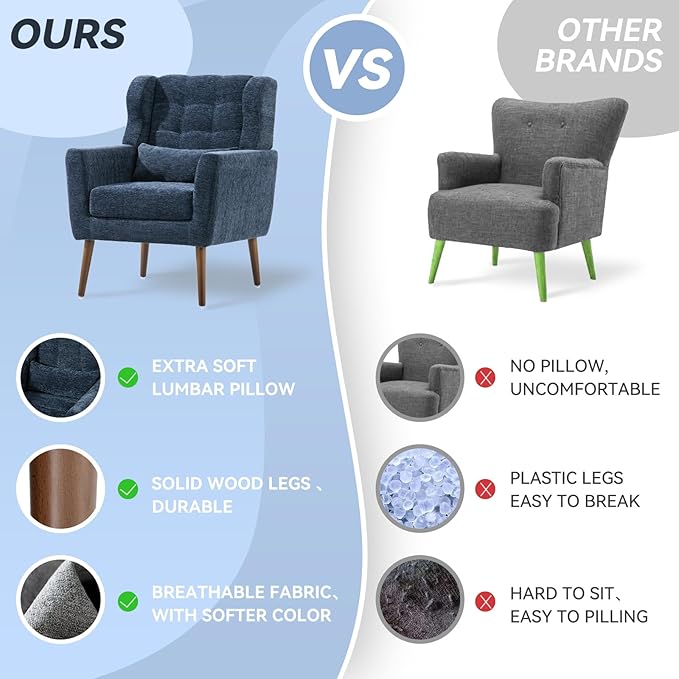 Modern Accent Chair, Upholstered Armchair with Pillow, Fabric Single Sofa Chair with Lounge Seat and Wood Legs Accent Chair for Living Room Bedroom Small Spaces (Dark Blue)