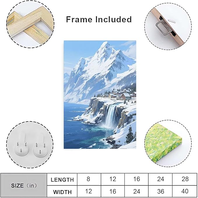 Winter lakeside town and snowy scenery merge together to form a landscape poster wall art suitable for living room bedroom and office