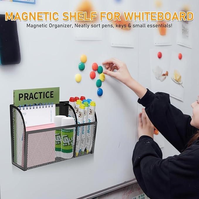 Magnetic Pencil Holder-Magnetic Basket for Fridge 3-Grid Mesh Magnetic Pen Holder for Refrigerator, Extra Strong Magnets Mesh Marker Holder Locker Accessories Organizer for Whiteboard