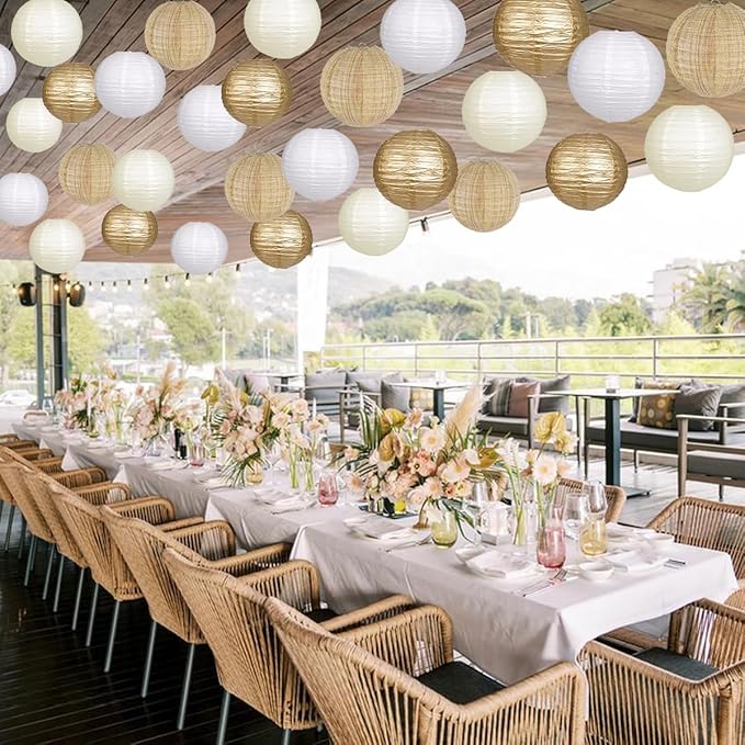 Paper Lanterns Gold White Round Hanging Chinese Lanterns for Wedding Birthday Party Boho Baby Shower Decorations Pack of 12