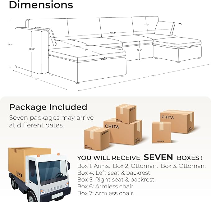 CHITA Oversized Modular Sectional Fabric Sofa Set, FSC Certified Extra Large U Shaped Couch Reversible Chaise Modular Sectional Couch,146 inch Width,6 Seat Modular Sofa with Storage Ottomans, Blue