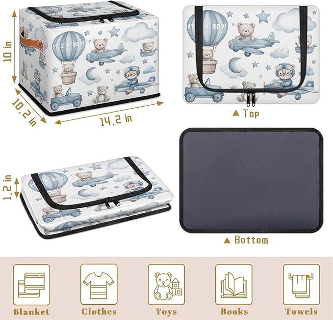 Rectangular Storage Baskets for Shelves - Waterproof Foldable Laundry Basket, Nursery Hamper, Reusable Toy Bin for Organizing Toys, Books, Clothes, Closet 14"x10.2" x10.4" (Little Bear)