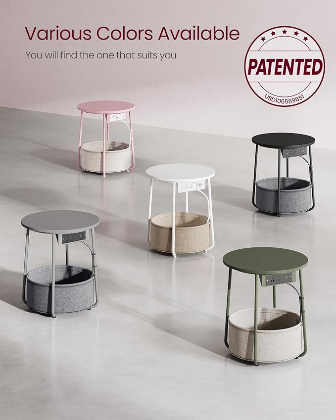 VASAGLE Side Table with Charging Station, Round End Table with Fabric Basket, Nightstand with Power Outlets, USB Ports, for Living Room, Bedroom, Modern, Jelly Pink and Cream White ULET228R01